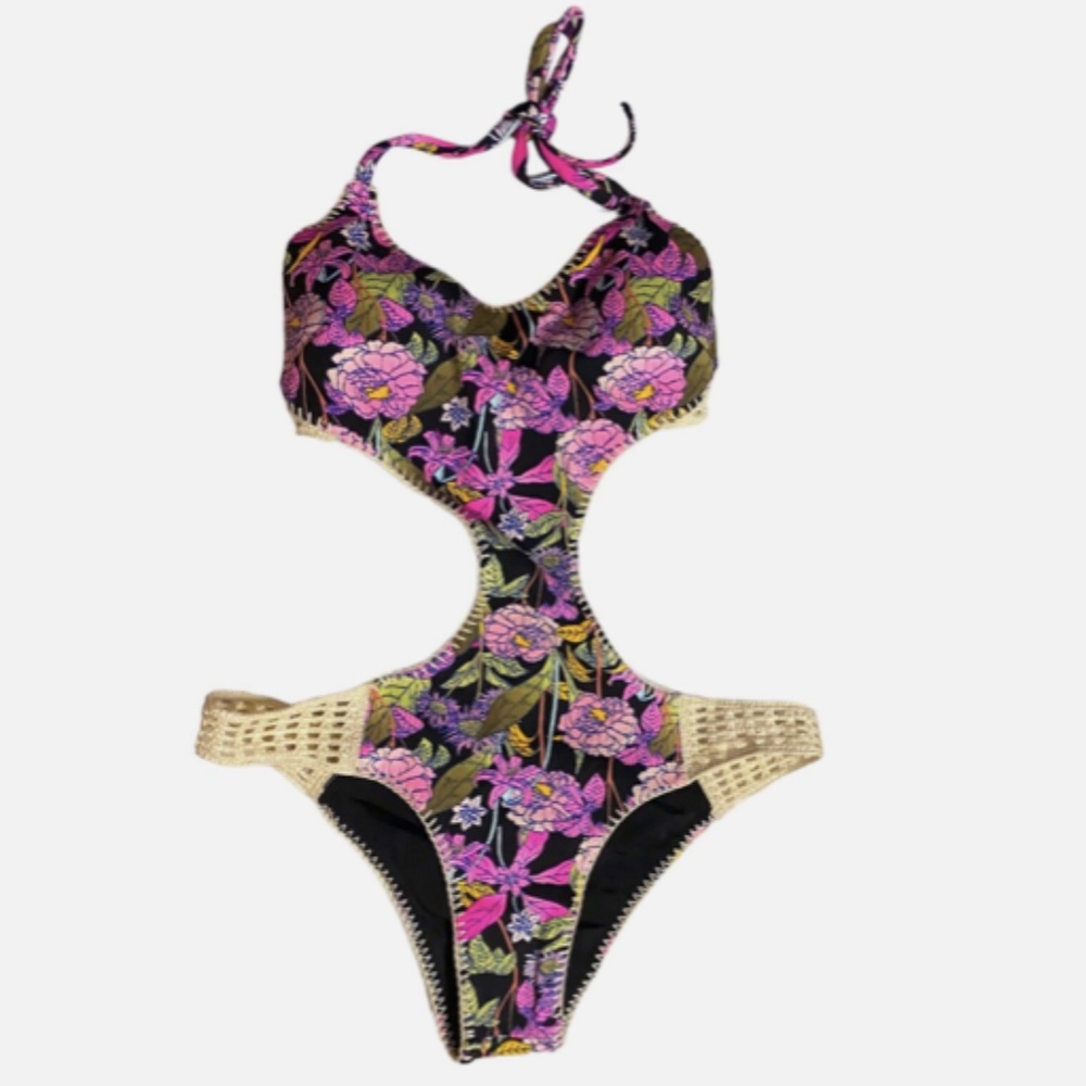 Floral Pink Black Cutout One-Piece Swimsuit